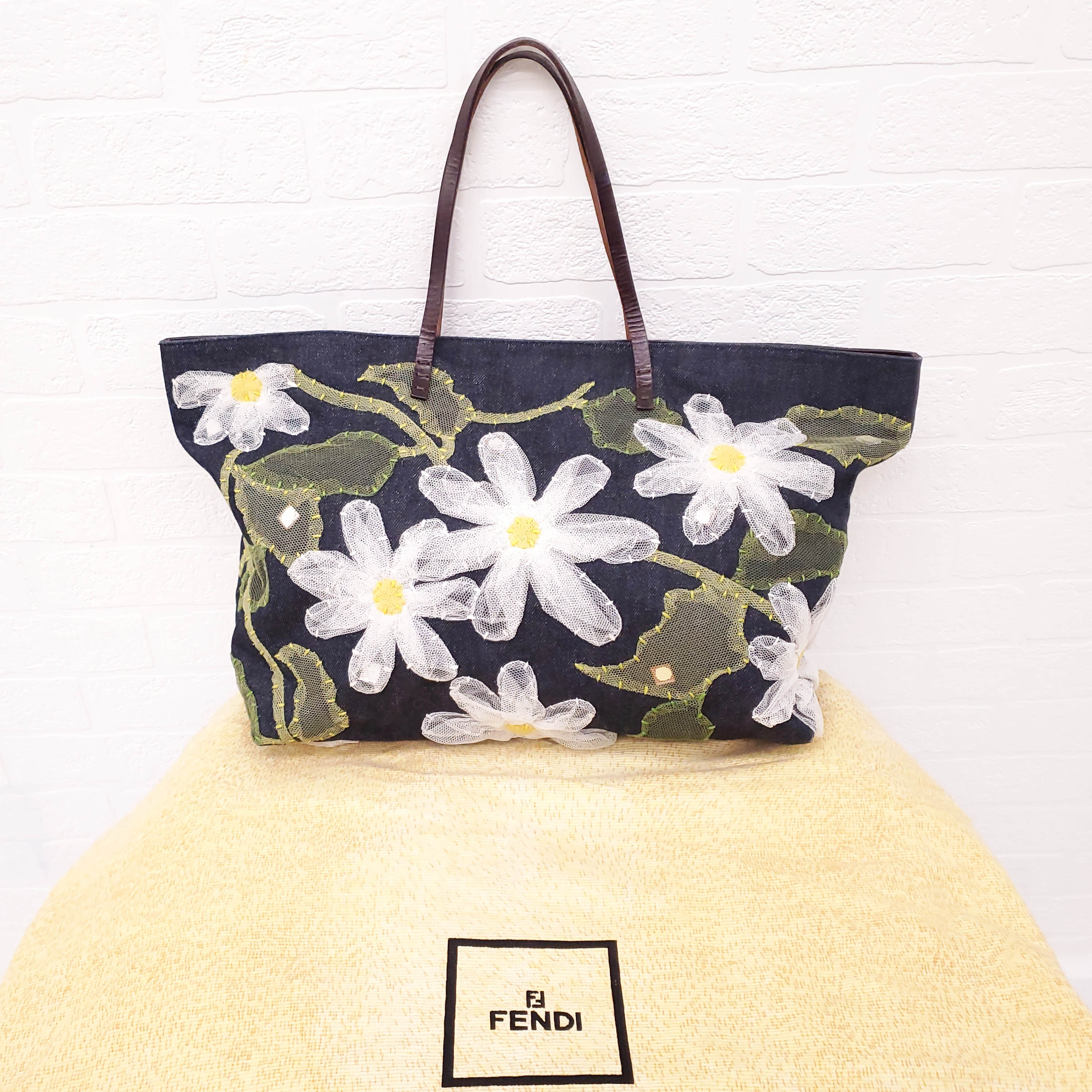 FENDI DENIM FLORAL MESH TOTE