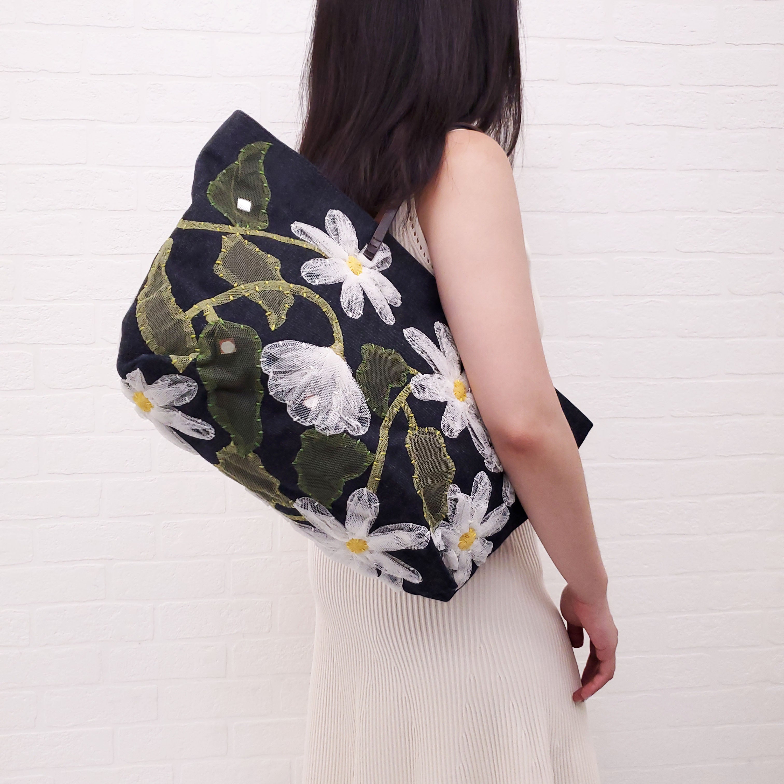 FENDI DENIM FLORAL MESH TOTE