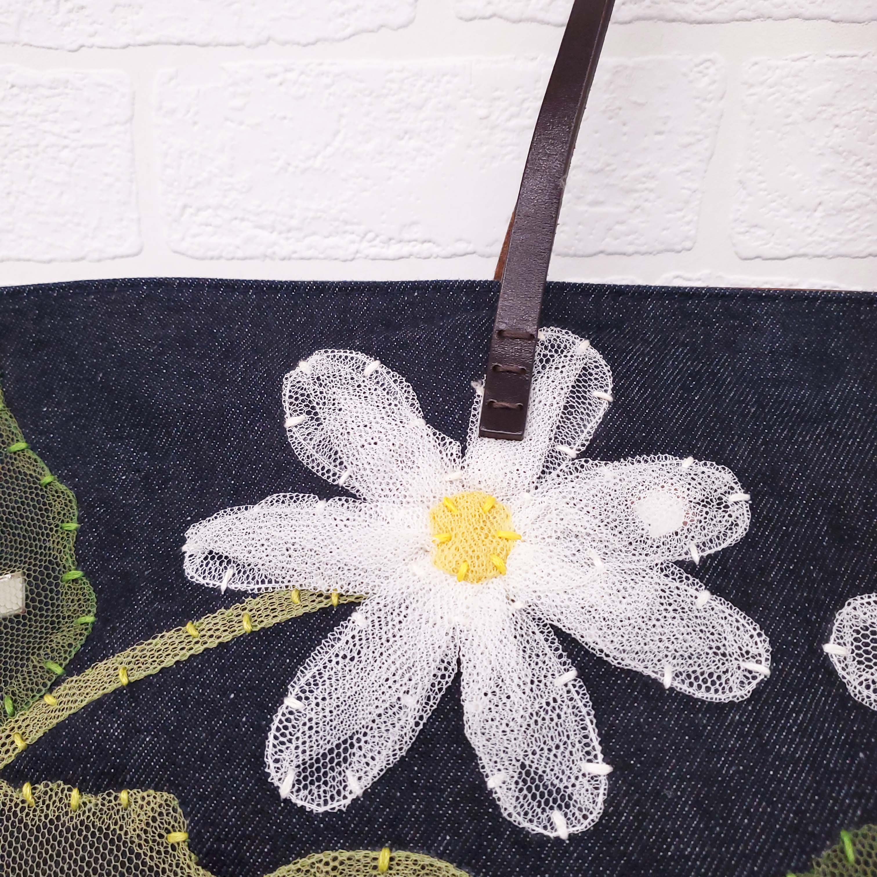 FENDI DENIM FLORAL MESH TOTE