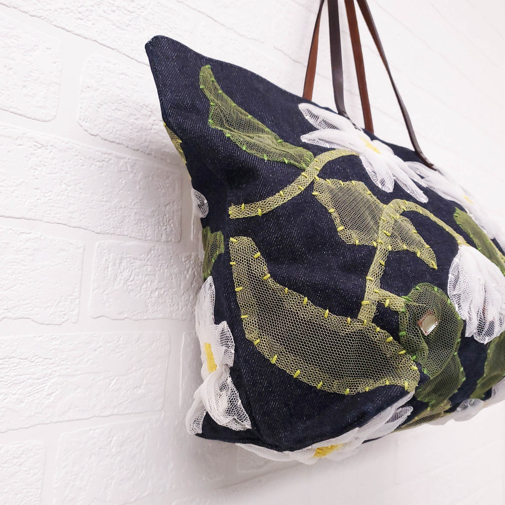 FENDI DENIM FLORAL MESH TOTE