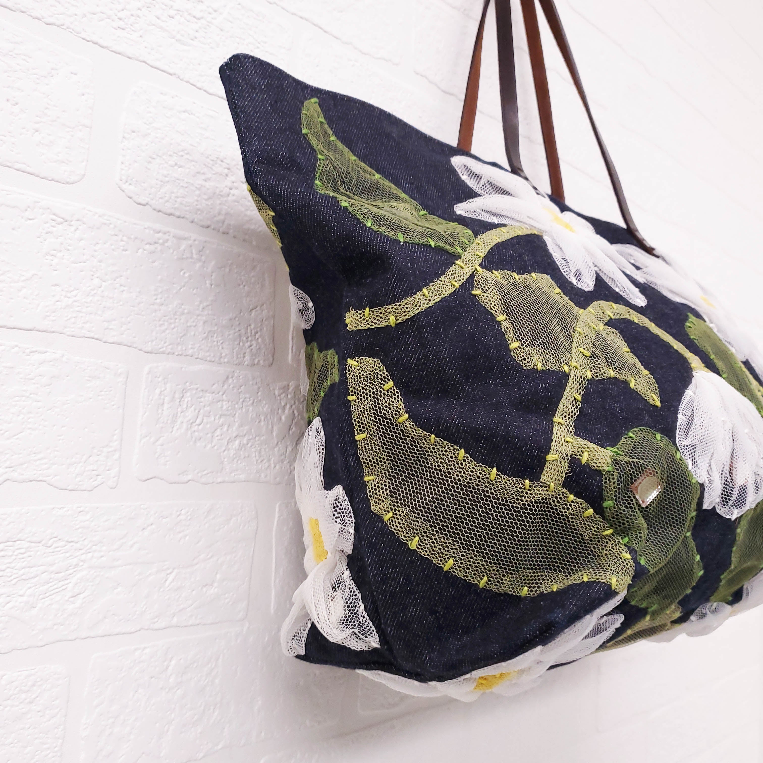 FENDI DENIM FLORAL MESH TOTE