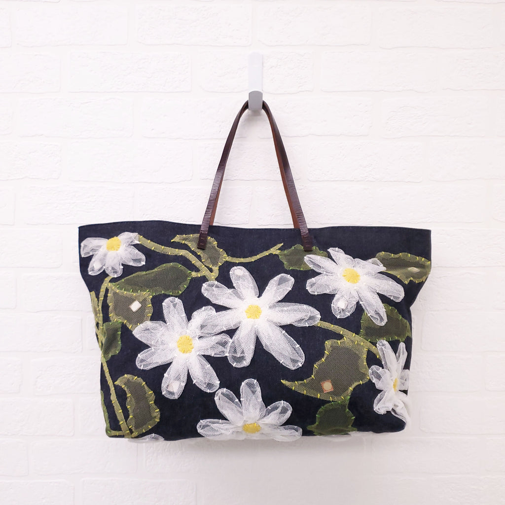 FENDI DENIM FLORAL MESH TOTE