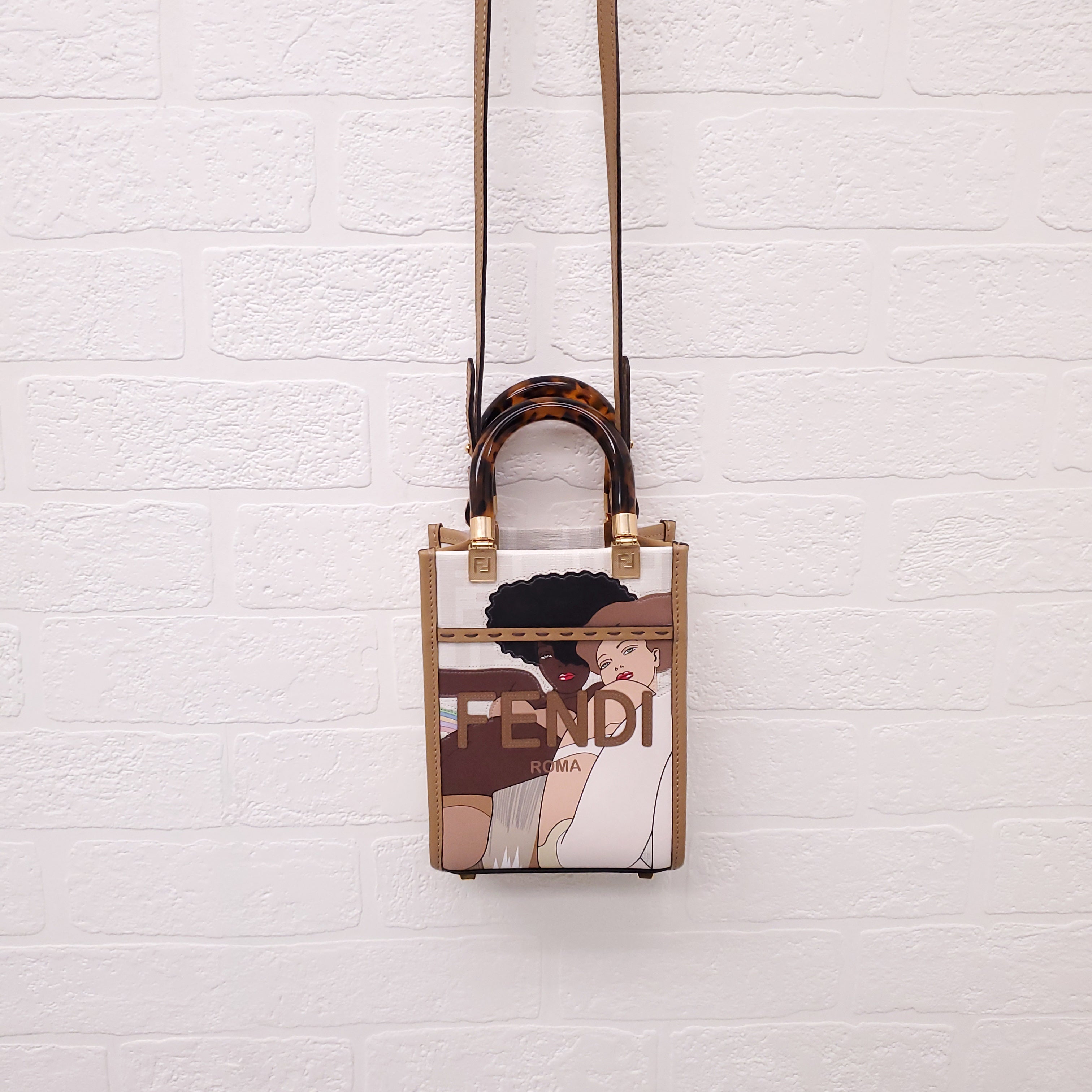 FENDI GLAZED FABRIC FF DISCO GIRLS PRINTED MINI SHOPPING TOTE