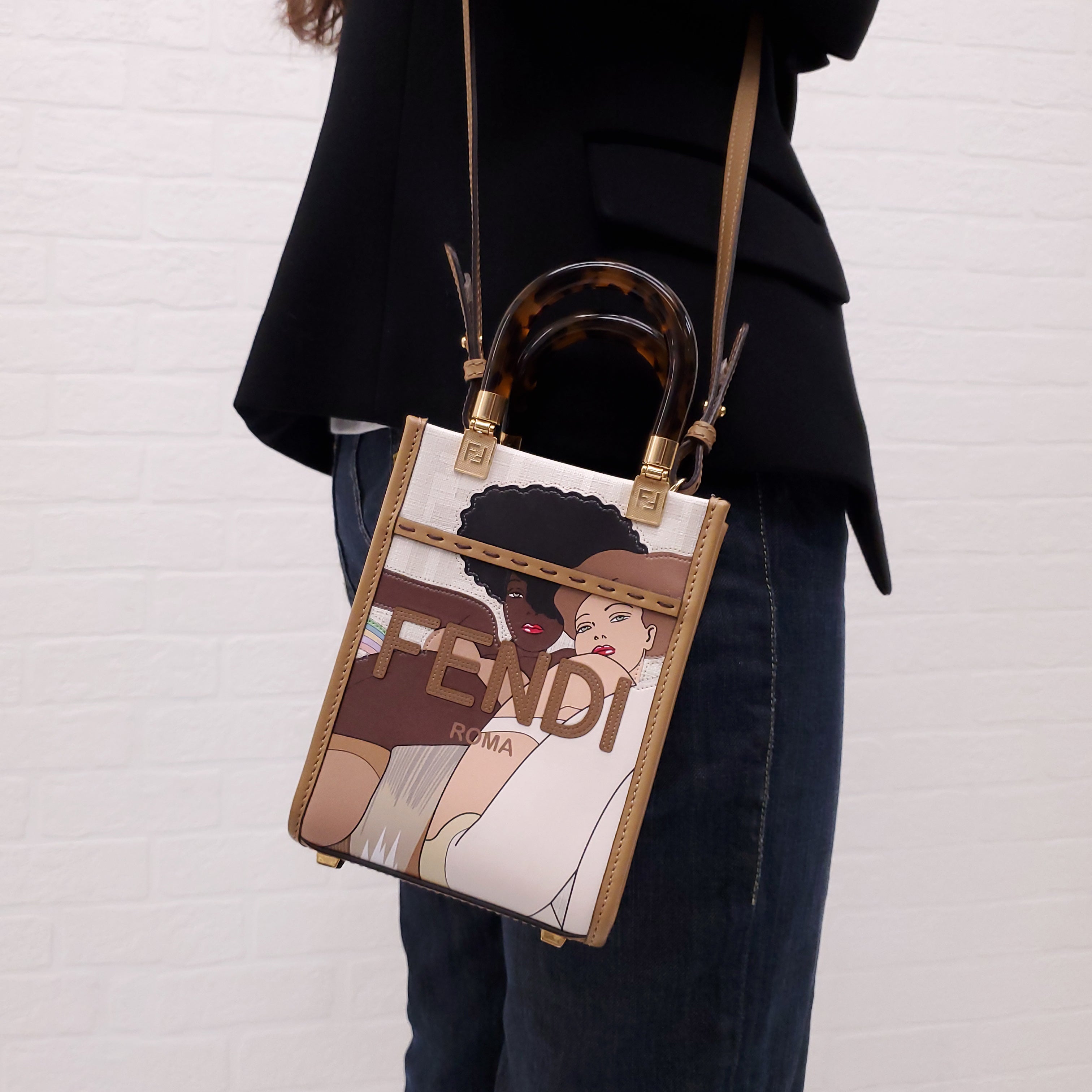 FENDI GLAZED FABRIC FF DISCO GIRLS PRINTED MINI SHOPPING TOTE