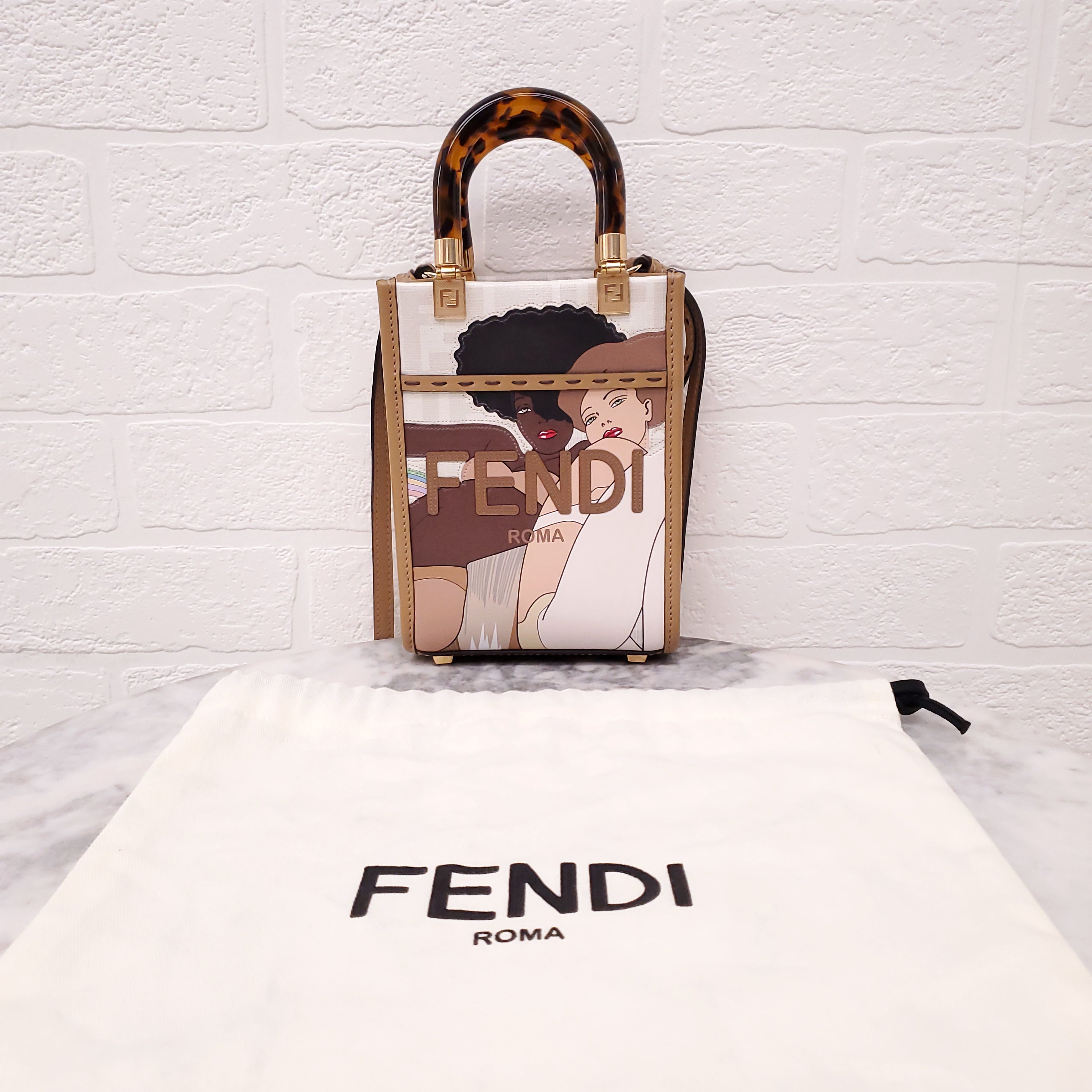 FENDI GLAZED FABRIC FF DISCO GIRLS PRINTED MINI SHOPPING TOTE