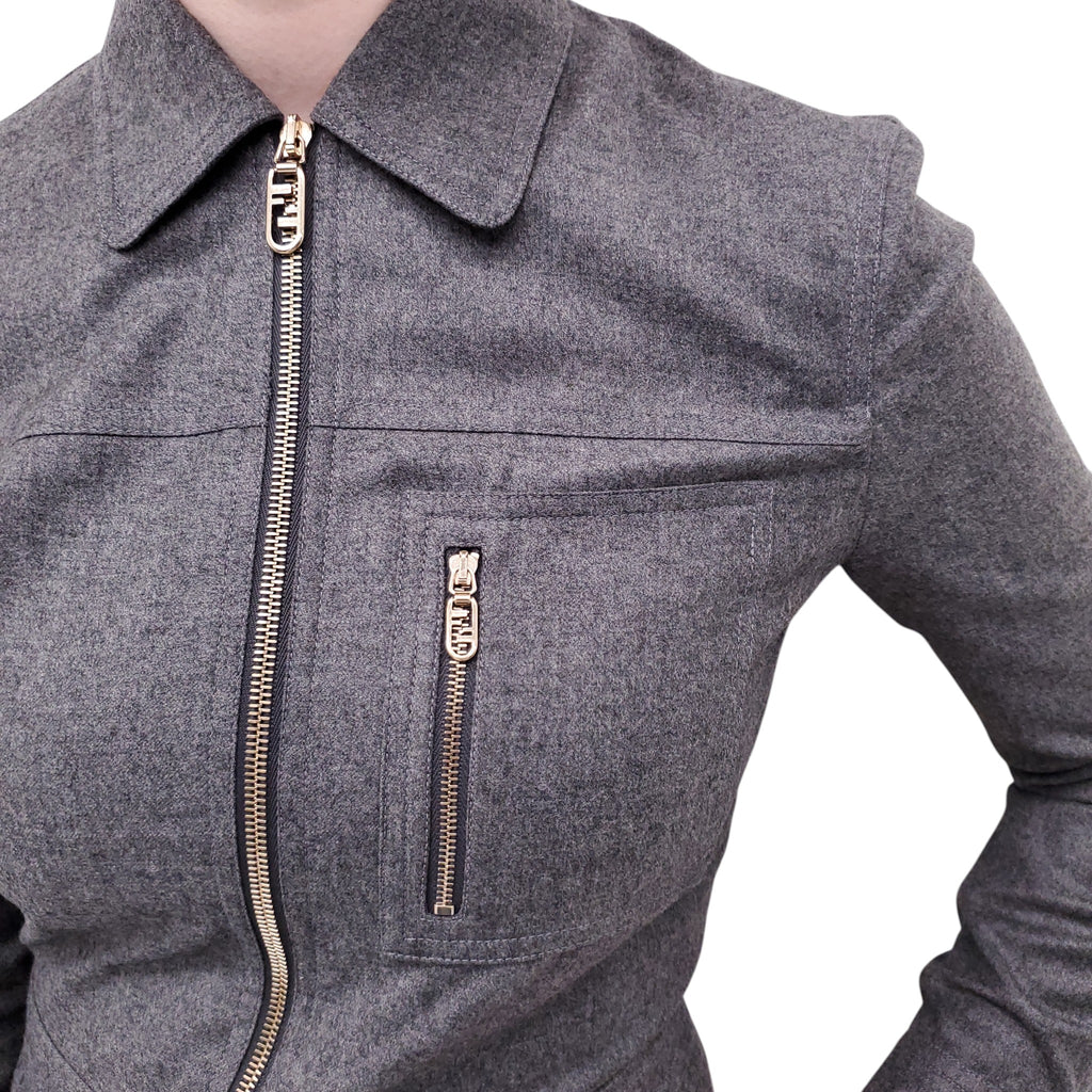 FENDI GREY WOOL CARGO DRESS WITH FF LOGO ZIPPERS - SIZE 36