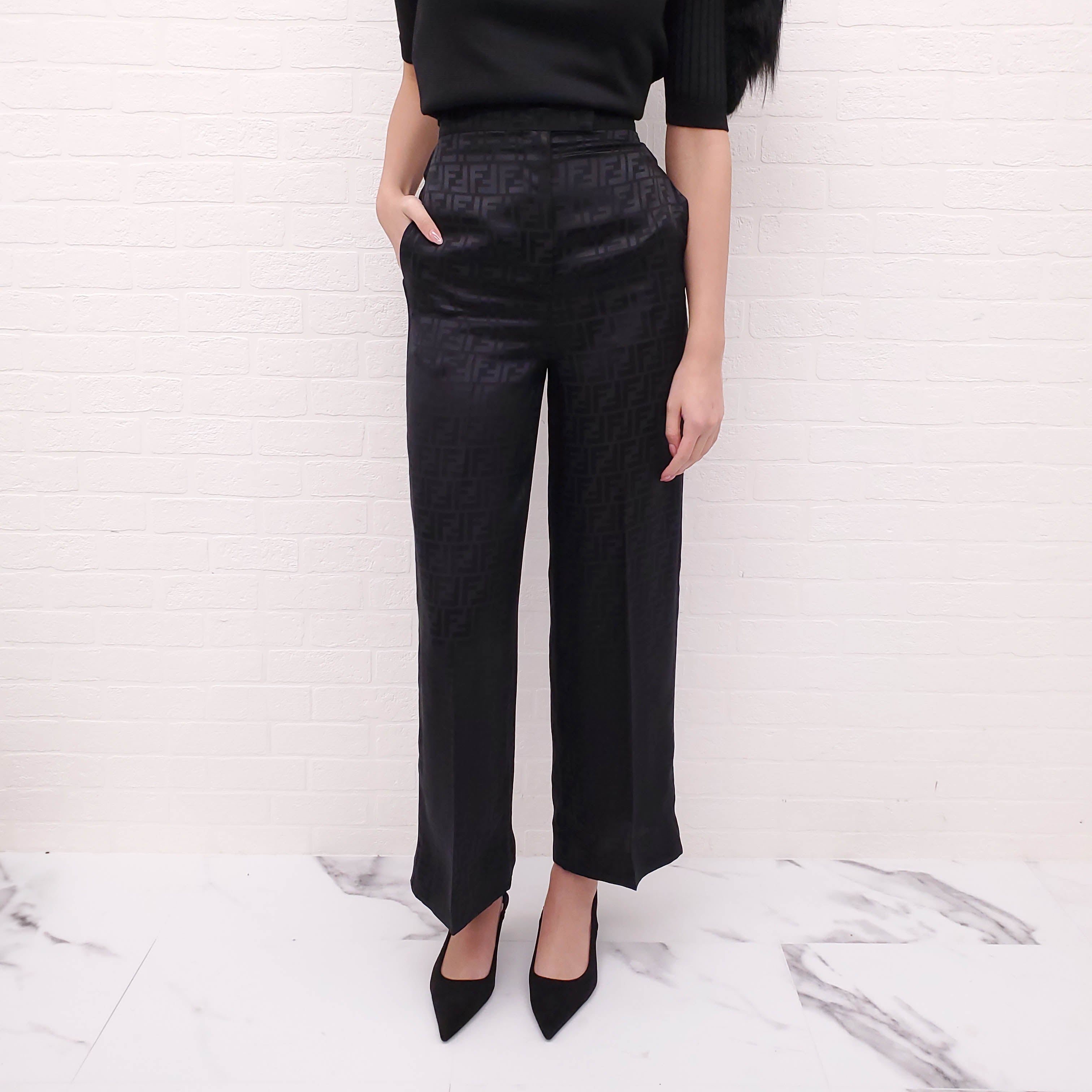 FENDI MONOGRAM SILK BLACK TROUSERS - SIZE 34