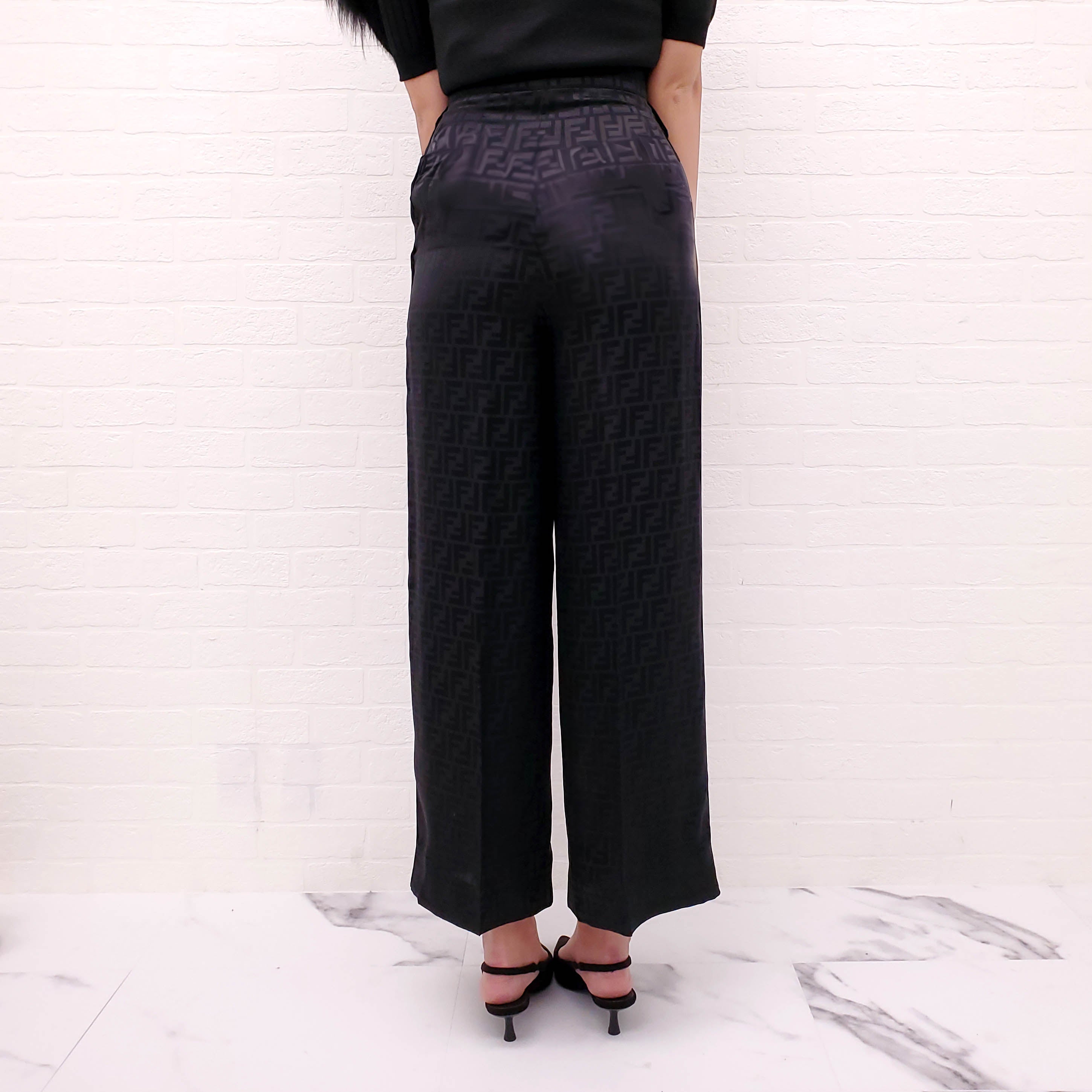 FENDI MONOGRAM SILK BLACK TROUSERS - SIZE 34
