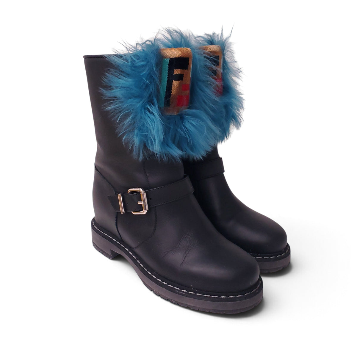 FENDI MOTO BOOTS WITH FUR LOGO - SIZE 39