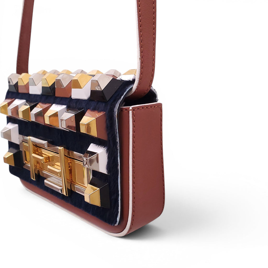 FENDI NAVY FUR STUDDED PURSE