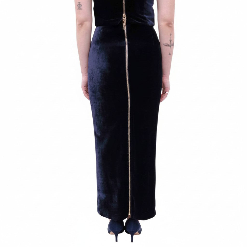 FENDI NAVY VELVET SKIRT SET WITH LOGO ZIPPER - SIZE 36