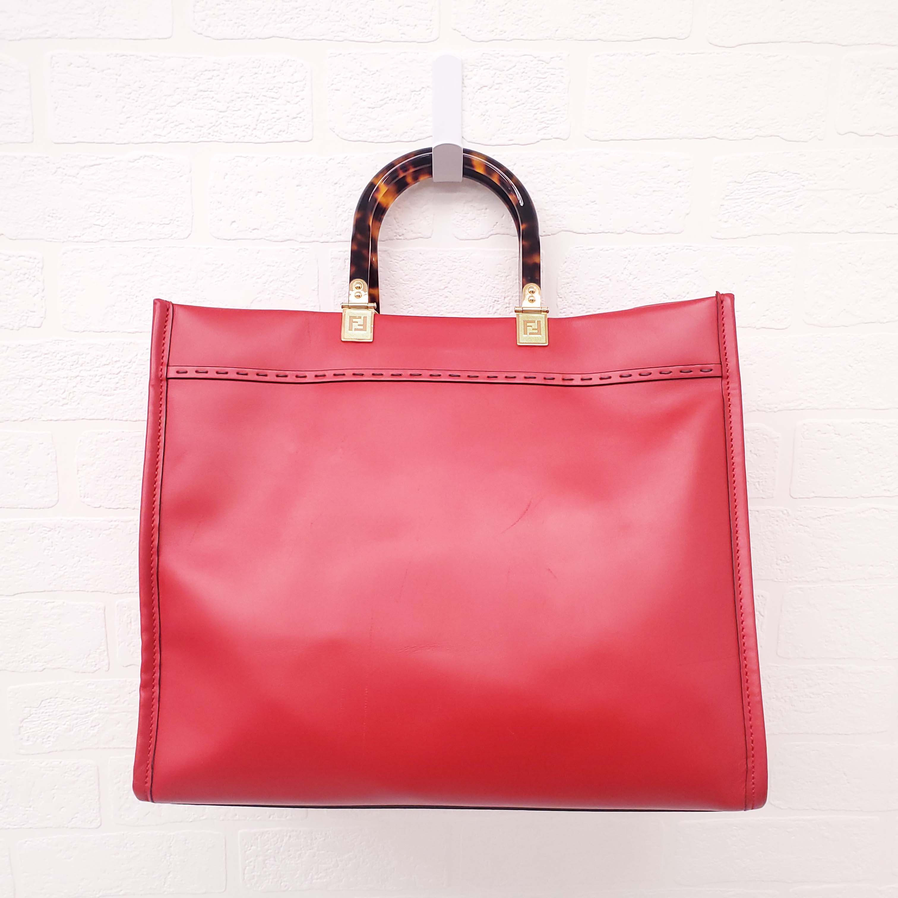 FENDI RED LEATHER 'LARGE SUNSHINE SHOPPER' LOGO TOTE