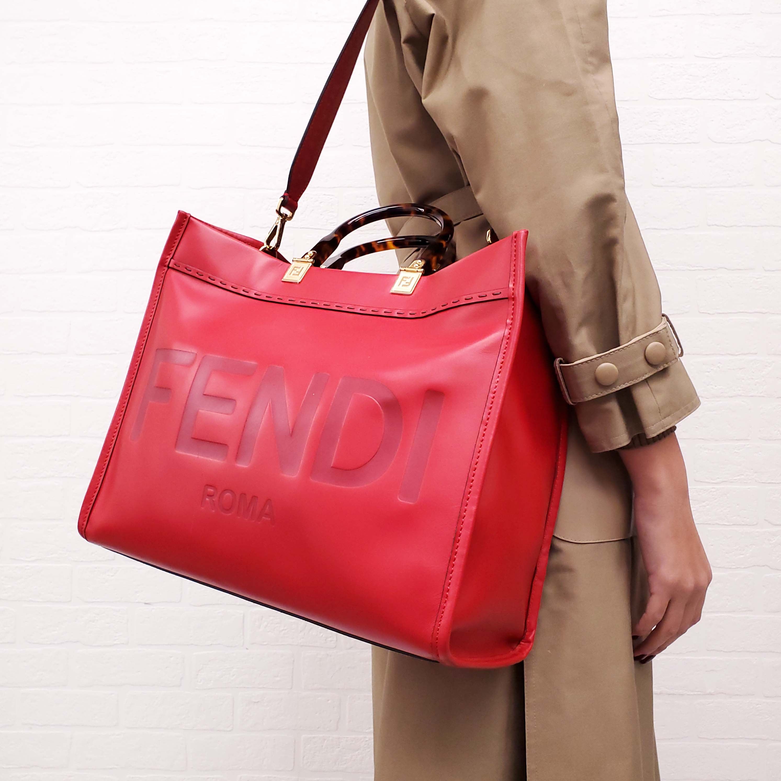 FENDI RED LEATHER 'LARGE SUNSHINE SHOPPER' LOGO TOTE