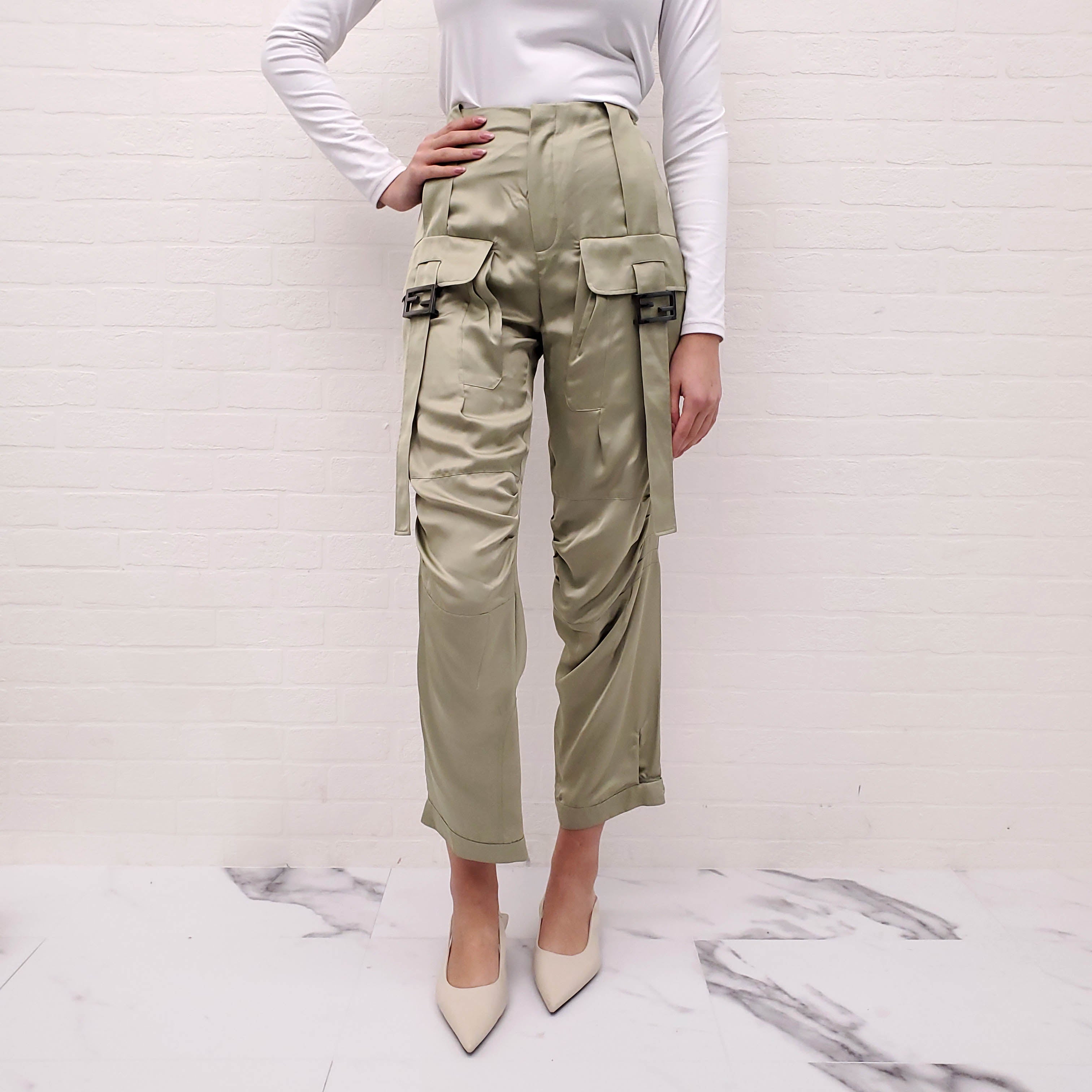 FENDI SATIN GREEN FINISH CARGO TROUSERS - SIZE 38