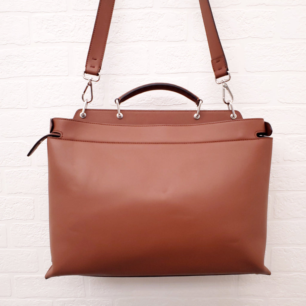FENDI TAN LEATHER AND CANVAS LARGE 'PANELLED PEEKABOO' BAG