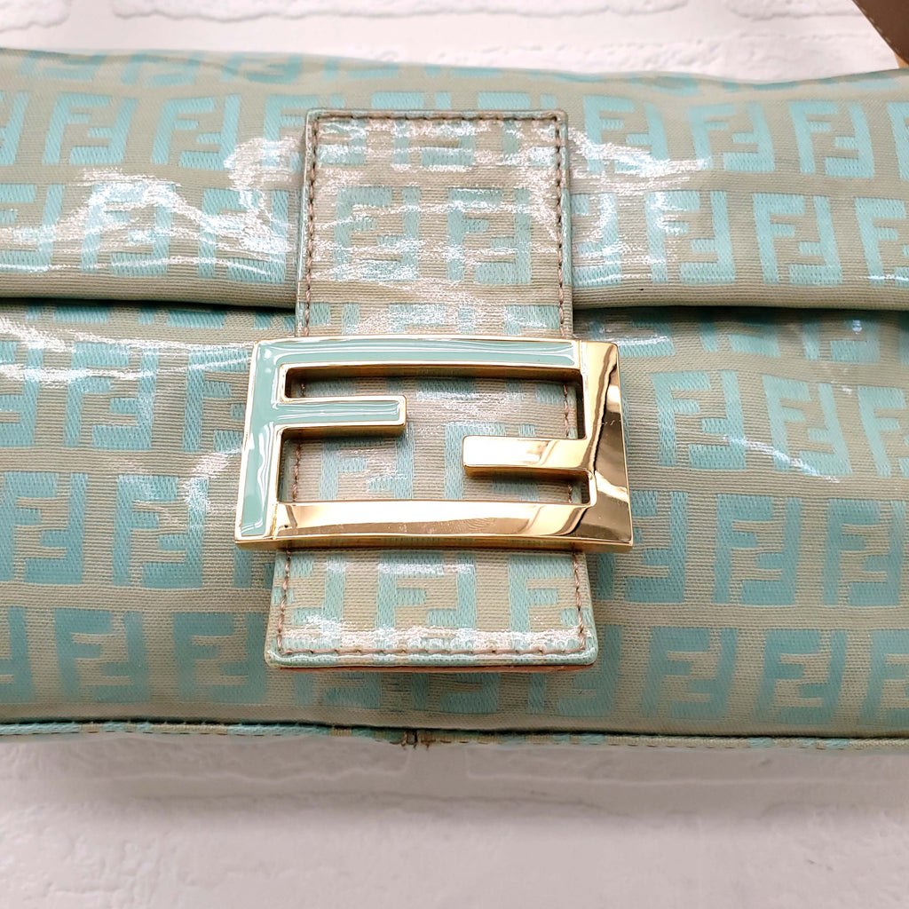 FENDI TURQUOISE PATENT 'ZUCCHINO BAGUETTE' SHOULDER BAG