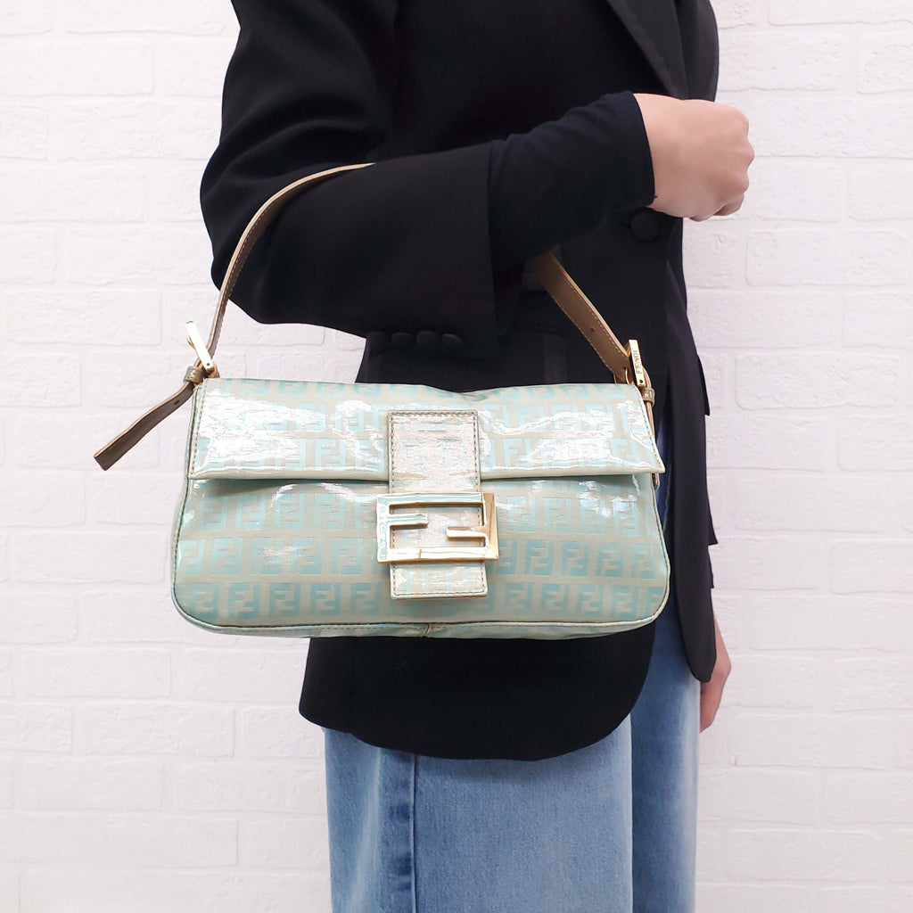 FENDI TURQUOISE PATENT 'ZUCCHINO BAGUETTE' SHOULDER BAG