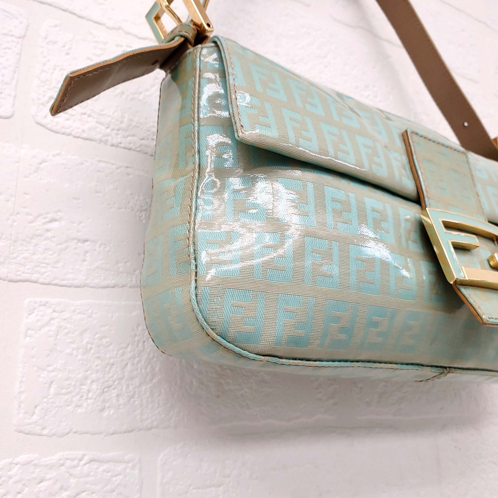 FENDI TURQUOISE PATENT 'ZUCCHINO BAGUETTE' SHOULDER BAG