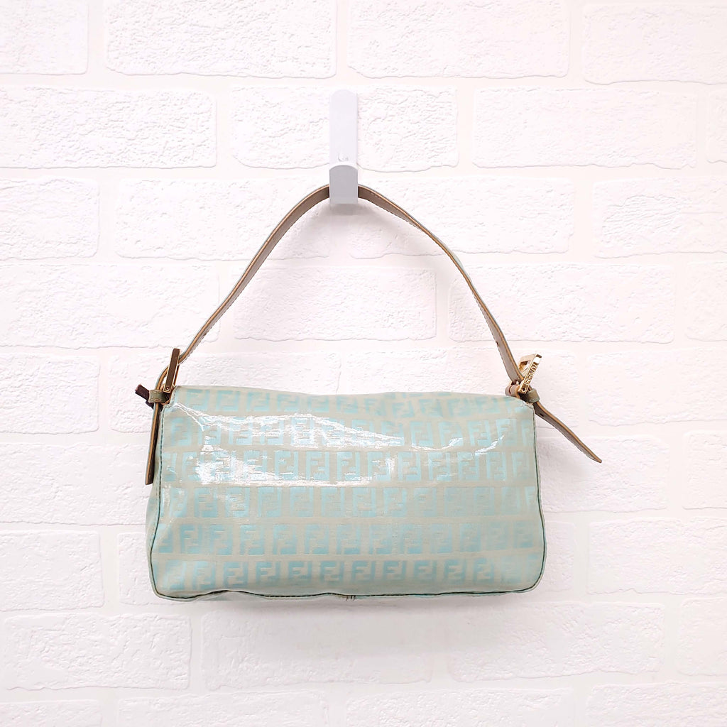 FENDI TURQUOISE PATENT 'ZUCCHINO BAGUETTE' SHOULDER BAG