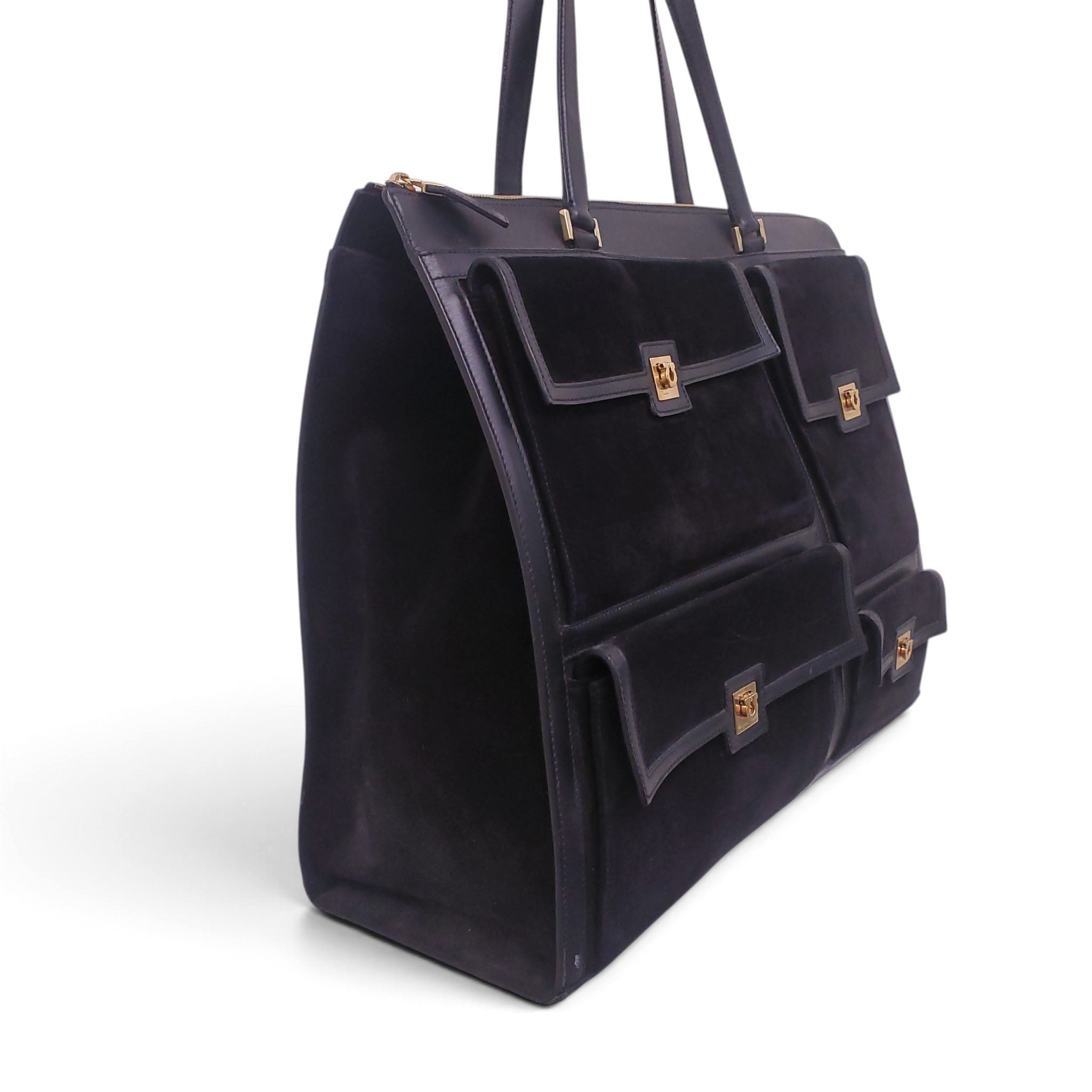 FERRAGAMO BLACK SUEDE LARGE SHOULDER BAG
