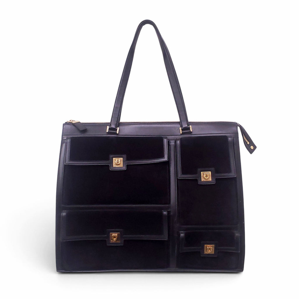 FERRAGAMO BLACK SUEDE LARGE SHOULDER BAG