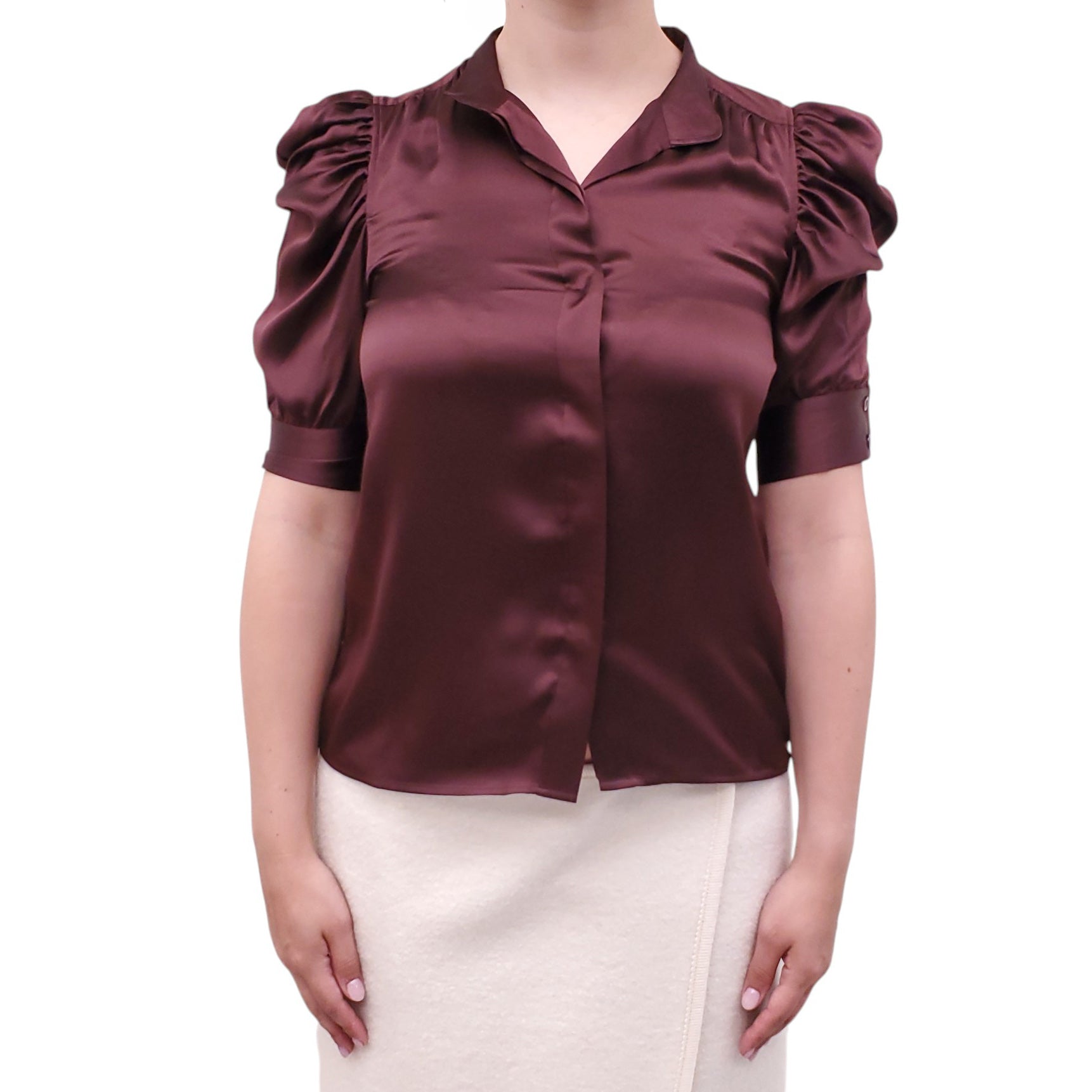 FRAME BURGUNDY SILK BUTTON UP BLOUSE WITH PUFF SLEEVES - SIZE XS