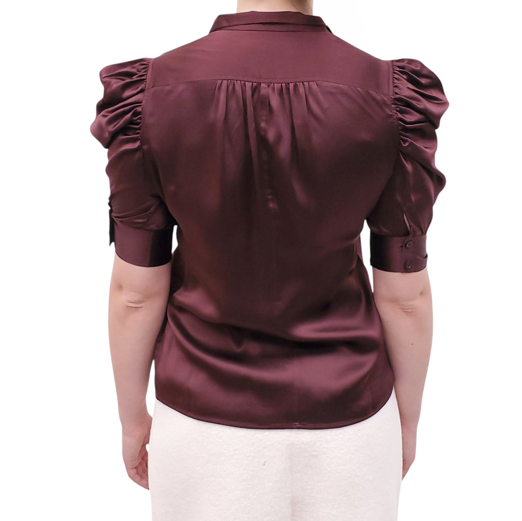 FRAME BURGUNDY SILK BUTTON UP BLOUSE WITH PUFF SLEEVES - SIZE XS