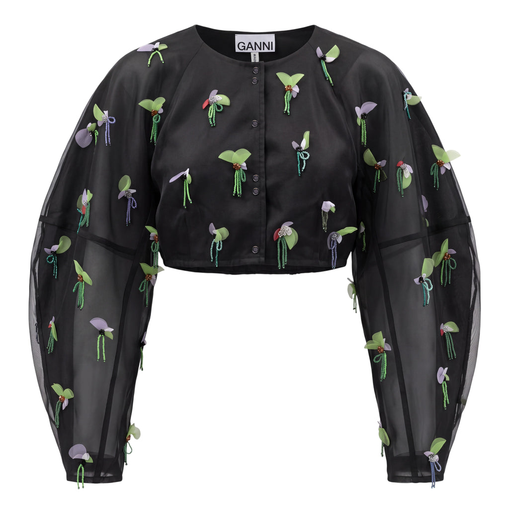 GANNI BEADED EMBELLISHED CROPPED BLOUSE - SIZE 36 (US 4)