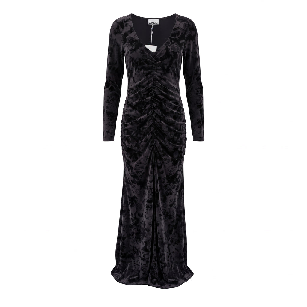 GANNI BLACK RUCHED STRETCH DEVORE VELVET MIDI DRESS- SIZE 40 (US 8/10)