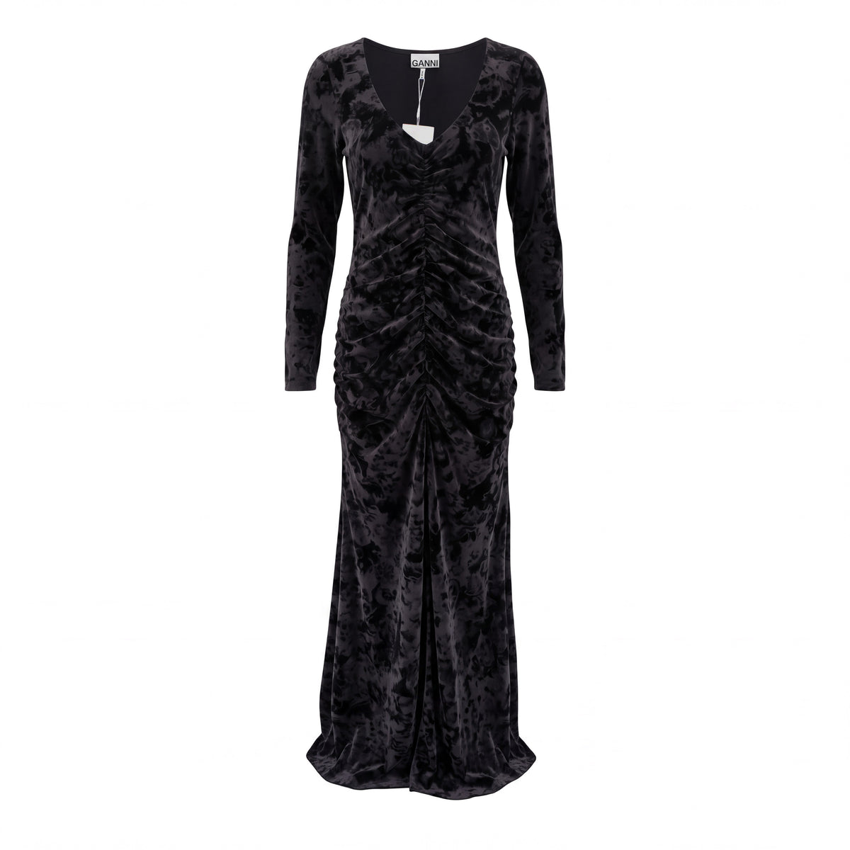 GANNI BLACK RUCHED STRETCH DEVORE VELVET MIDI DRESS- SIZE 40 (US 8/10)
