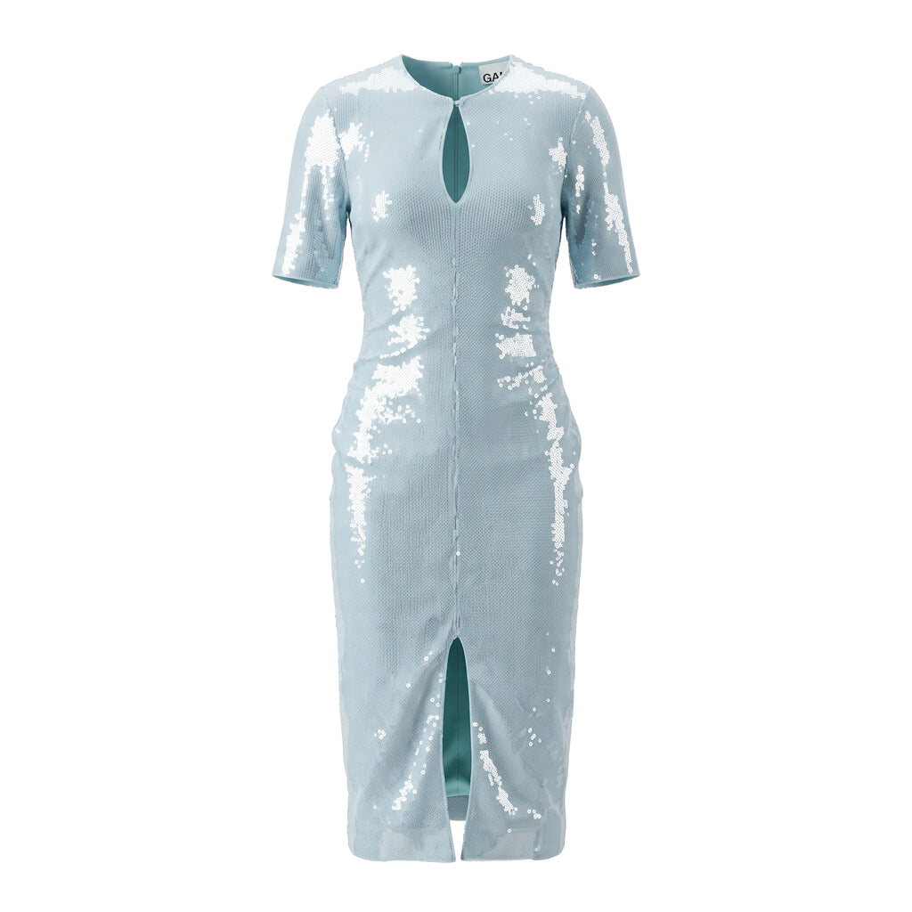 GANNI BLUE SEQUIN V-NECK MIDI DRESS - SIZE 40 (US 8/10)