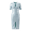 GANNI BLUE SEQUIN V-NECK MIDI DRESS - SIZE 40 (US 8/10)