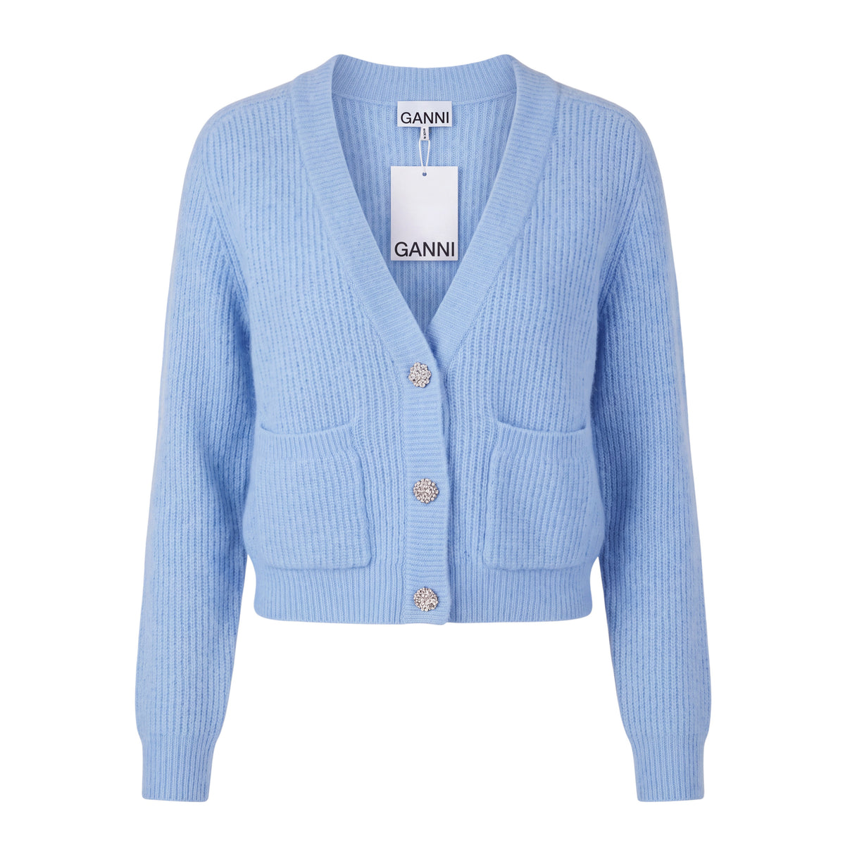 GANNI BLUE SOFT WOOL CARDIGAN WITH CRYSTAL BUTTONS - SIZE M