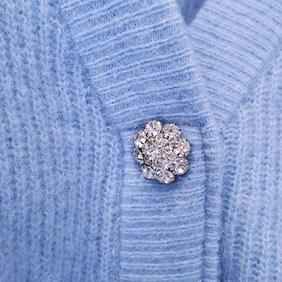 GANNI BLUE SOFT WOOL CARDIGAN WITH CRYSTAL BUTTONS - SIZE M