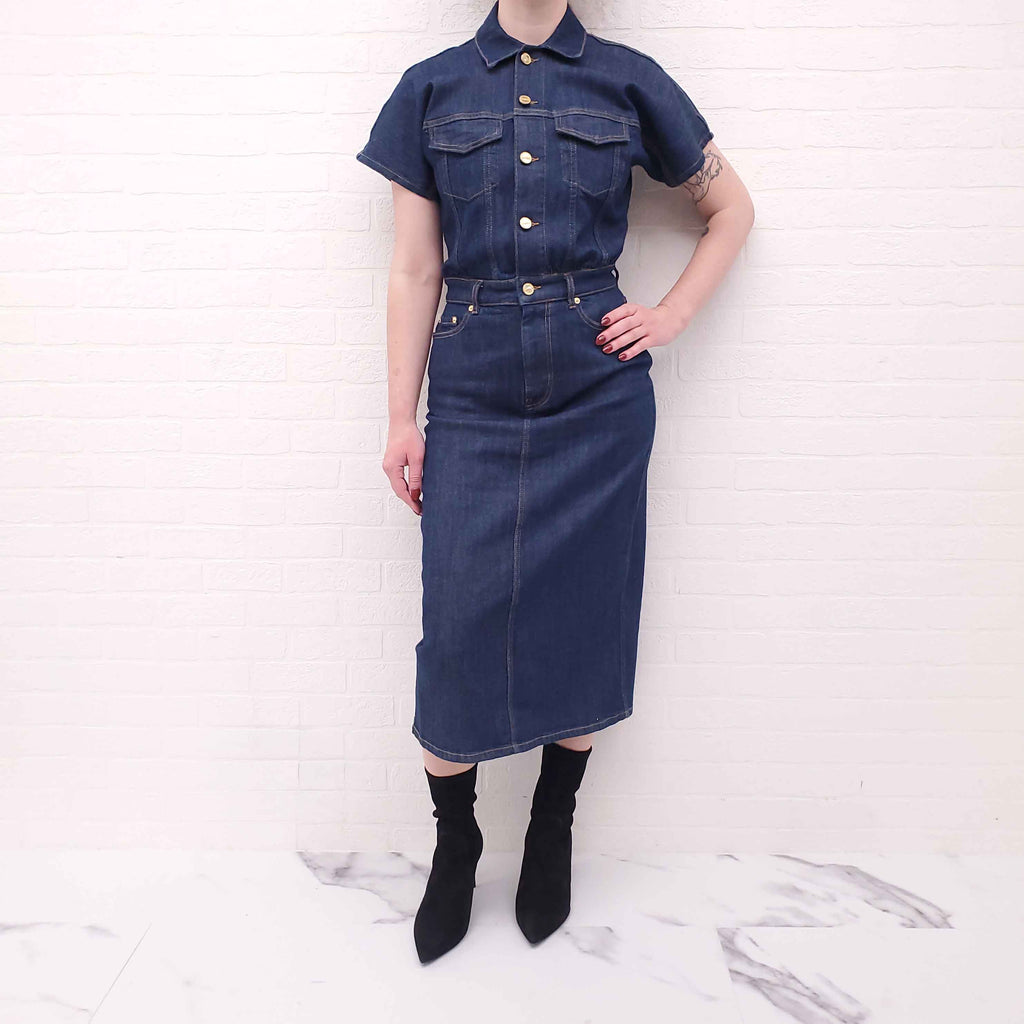 GANNI DENIM DRESS WITH FLORAL DETAIL AND LOGO - SIZE 36