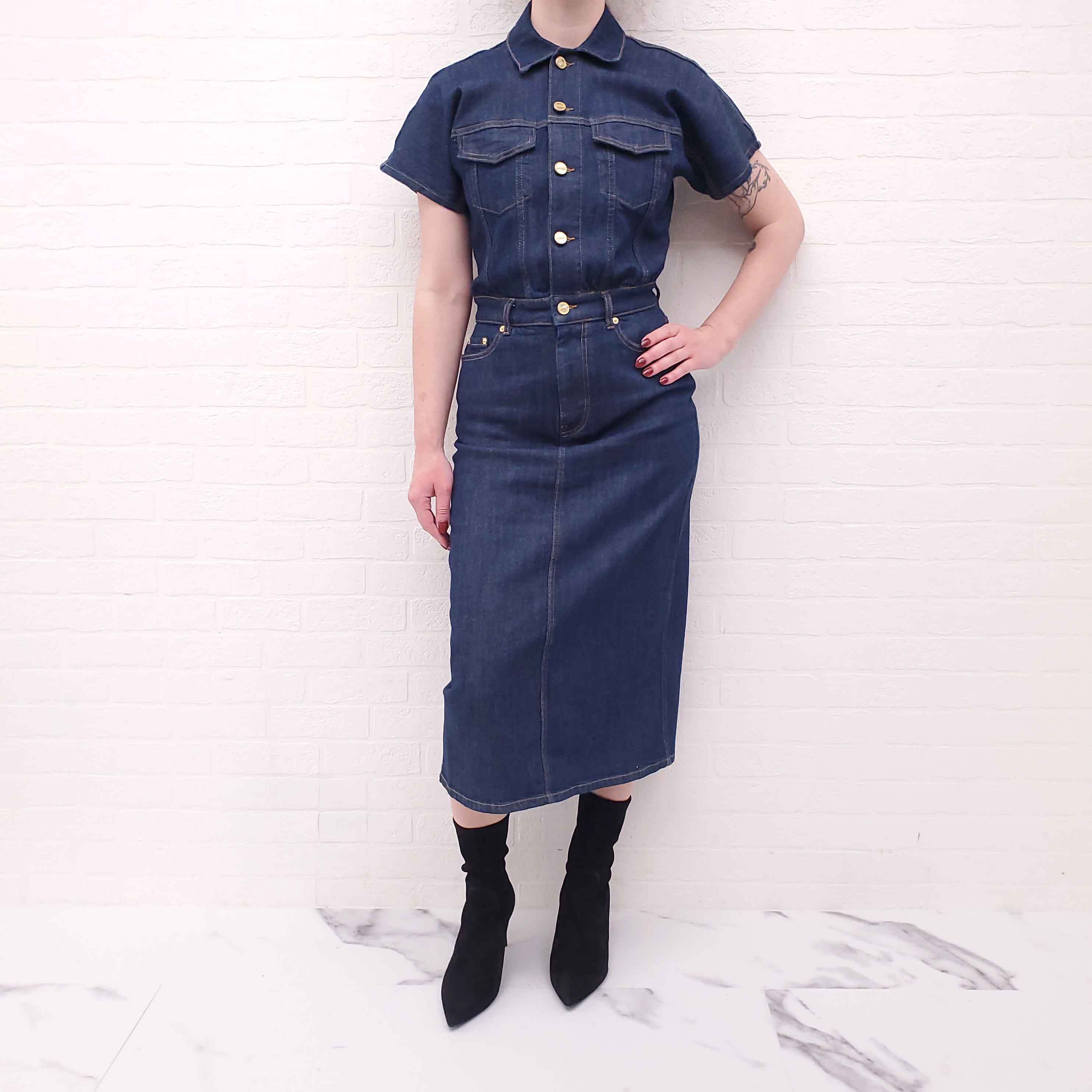 GANNI DENIM DRESS WITH FLORAL DETAIL AND LOGO - SIZE 36