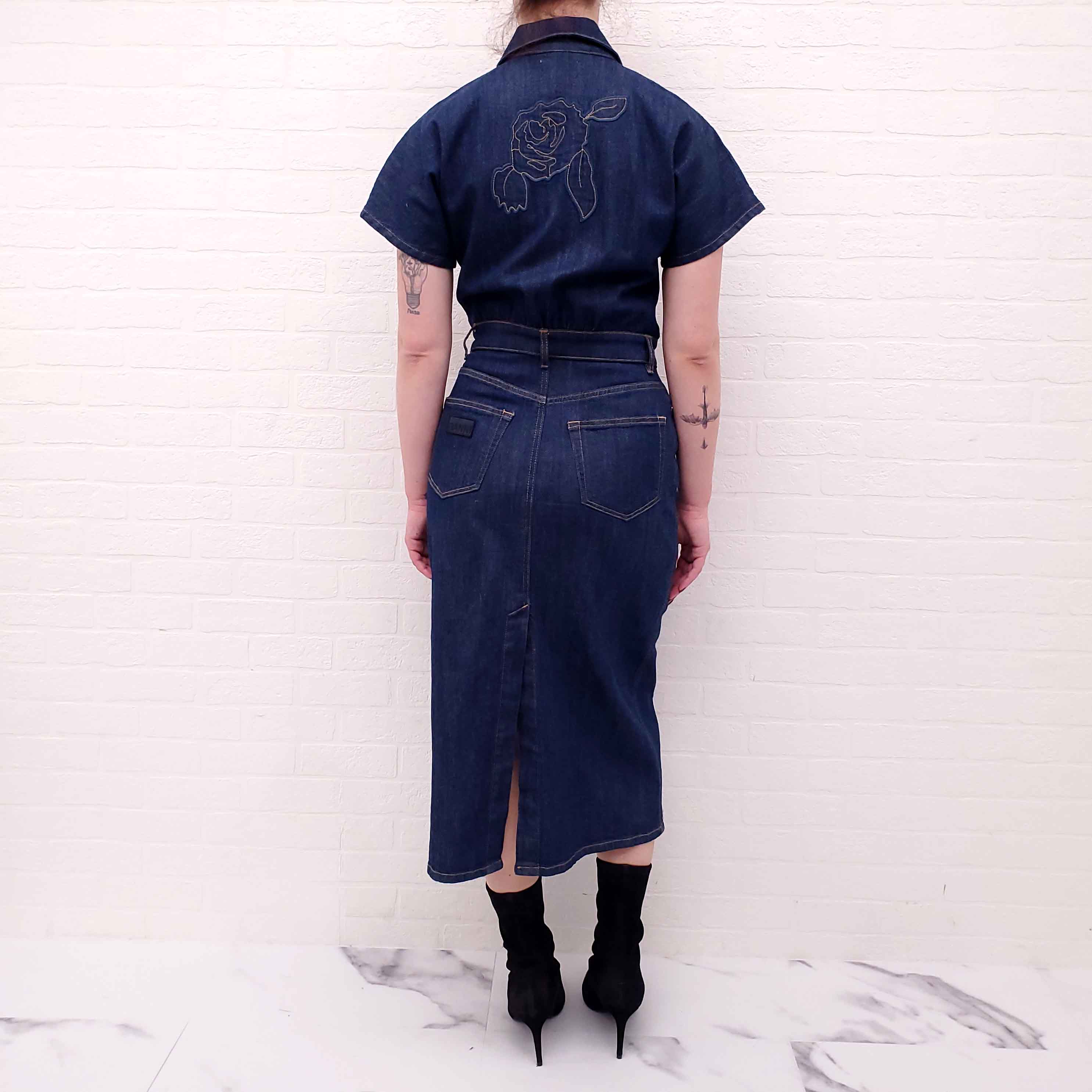 GANNI DENIM DRESS WITH FLORAL DETAIL AND LOGO - SIZE 36