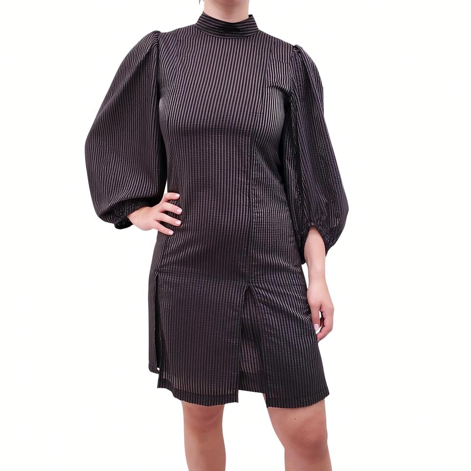 GANNI GREY AND BLACK METALLIC STRIPE DRESS - SIZE 38