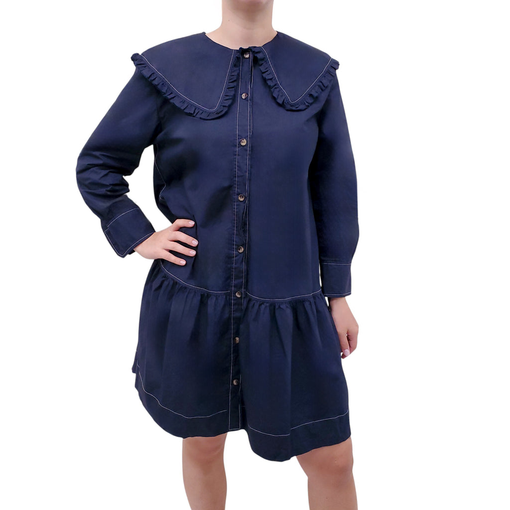 GANNI NAVY PETER PAN COLLAR BUTTON UP DRESS - SIZE L