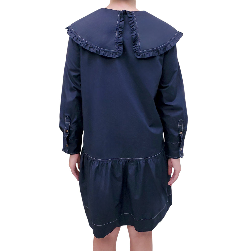 GANNI NAVY PETER PAN COLLAR BUTTON UP DRESS - SIZE L