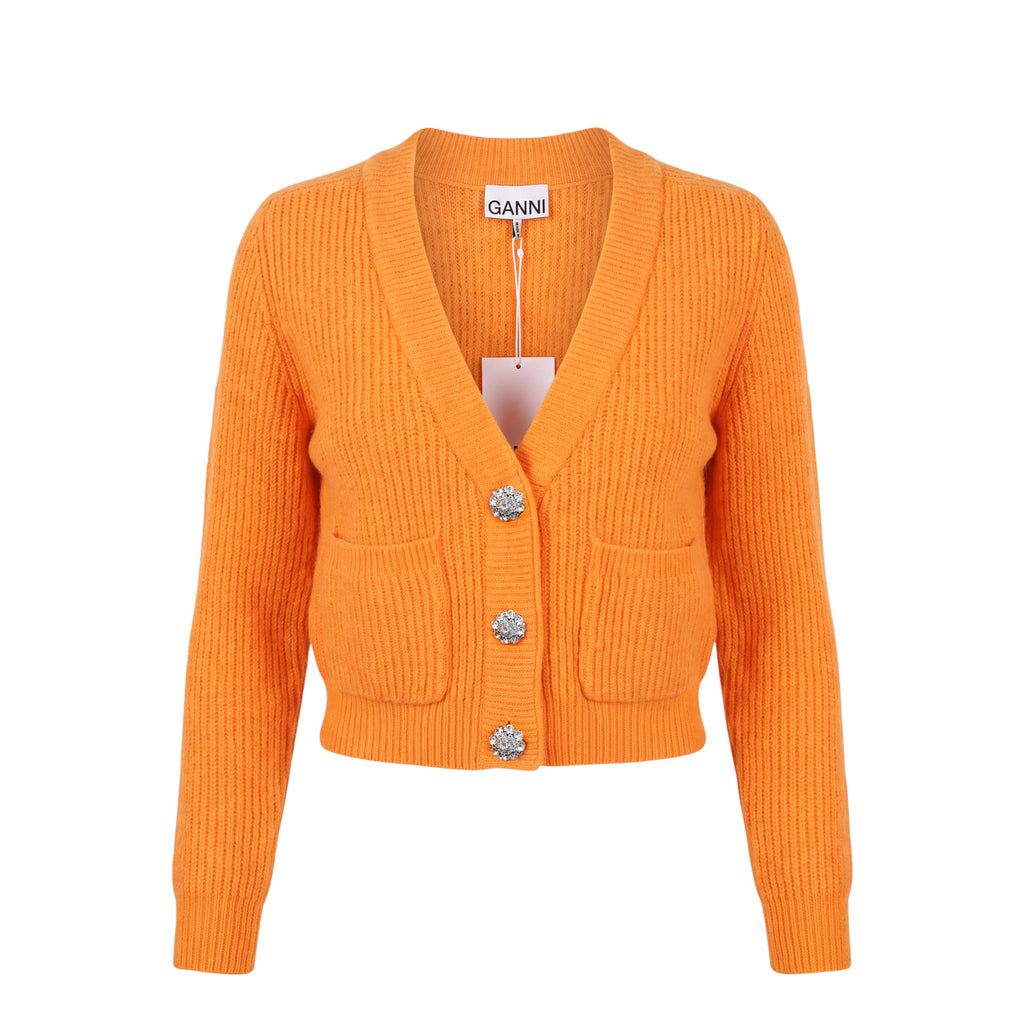 GANNI ORANGE SOFT WOOL CARDIGAN WITH CRYSTAL BUTTONS - SIZE XXS
