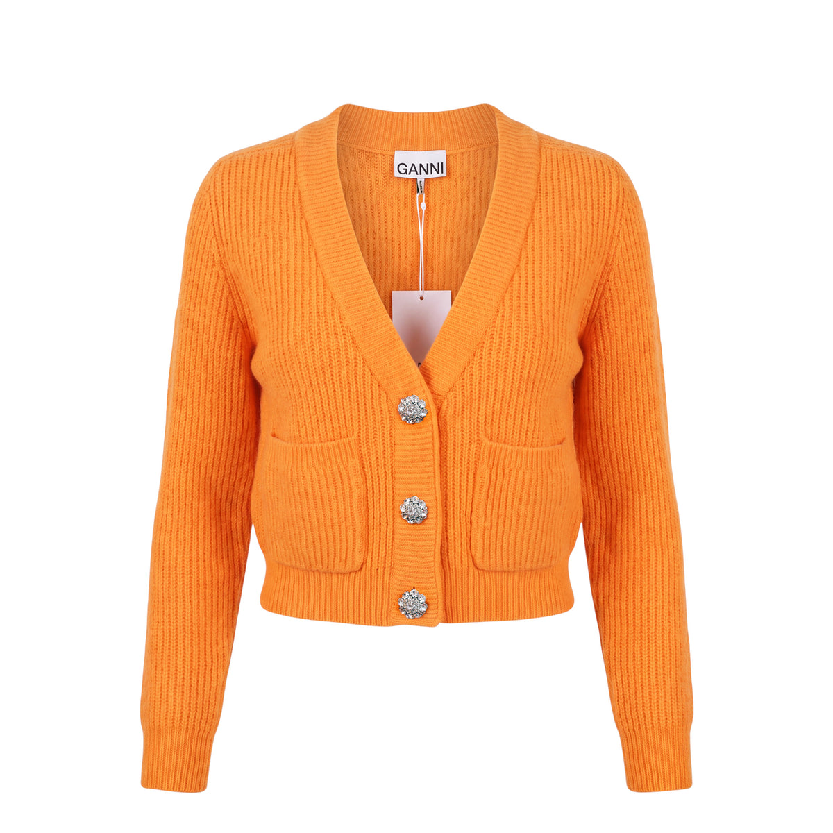 GANNI ORANGE SOFT WOOL CARDIGAN WITH CRYSTAL BUTTONS - SIZE XXS