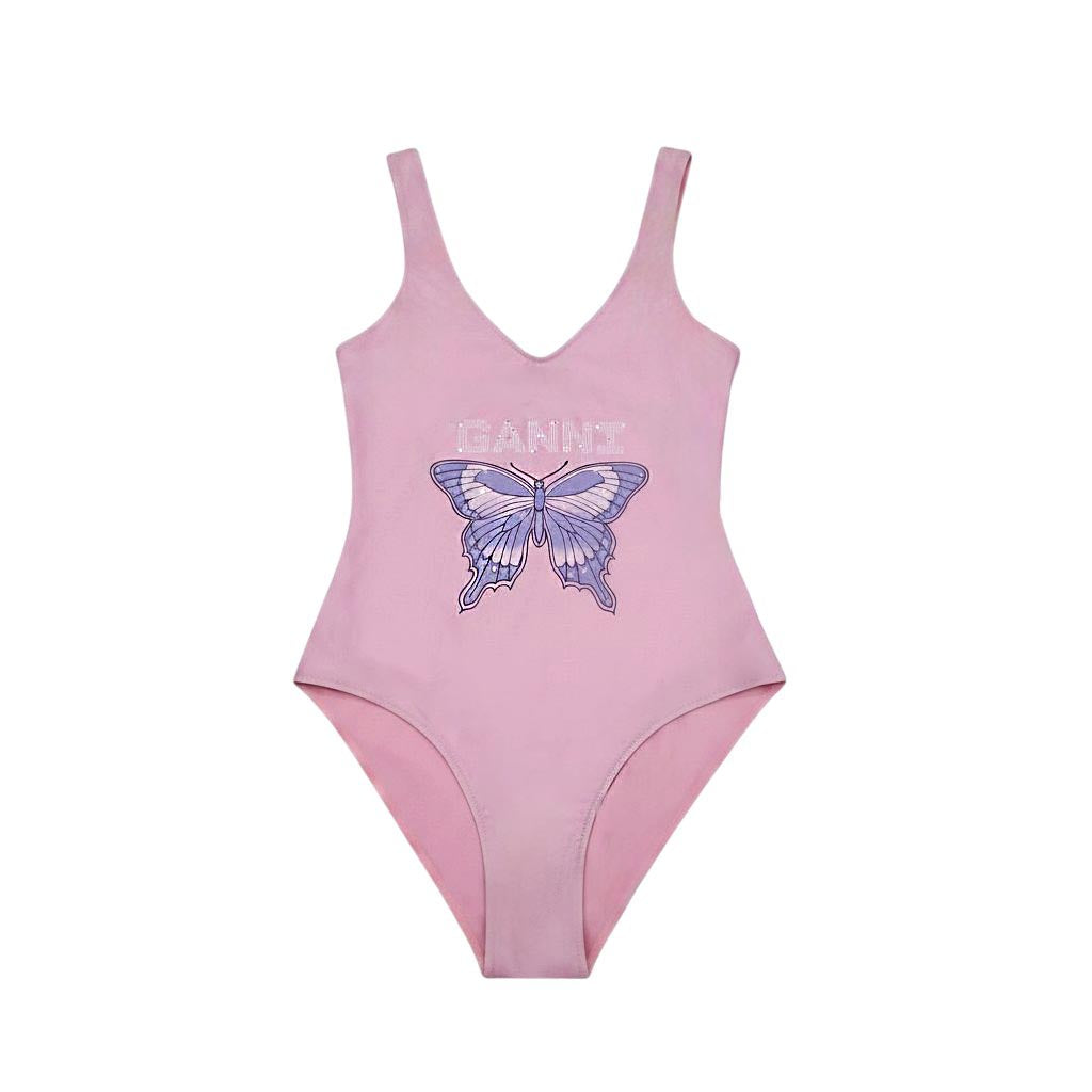 GANNI PINK BUTTERFLY LOGO ONE-PIECE SWIMSUIT - SIZE 36