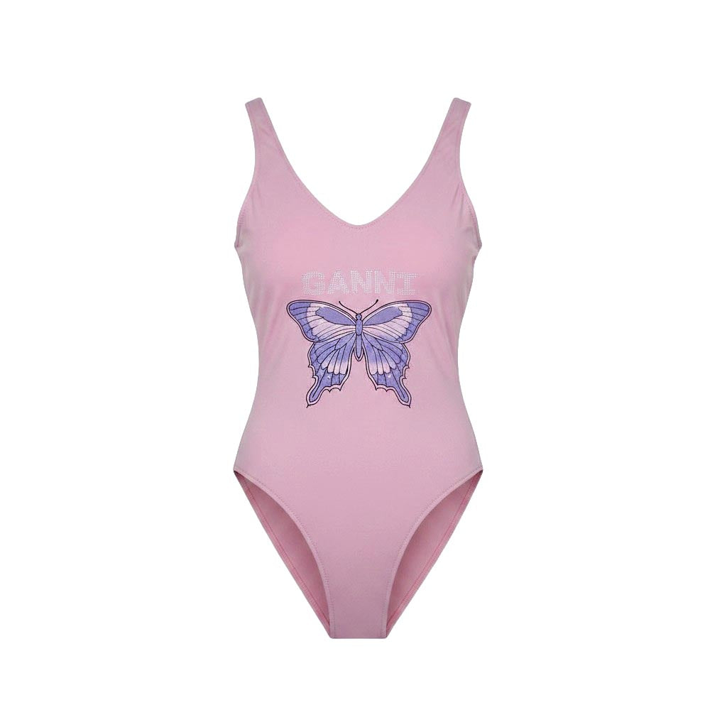 GANNI PINK BUTTERFLY LOGO ONE-PIECE SWIMSUIT - SIZE 36