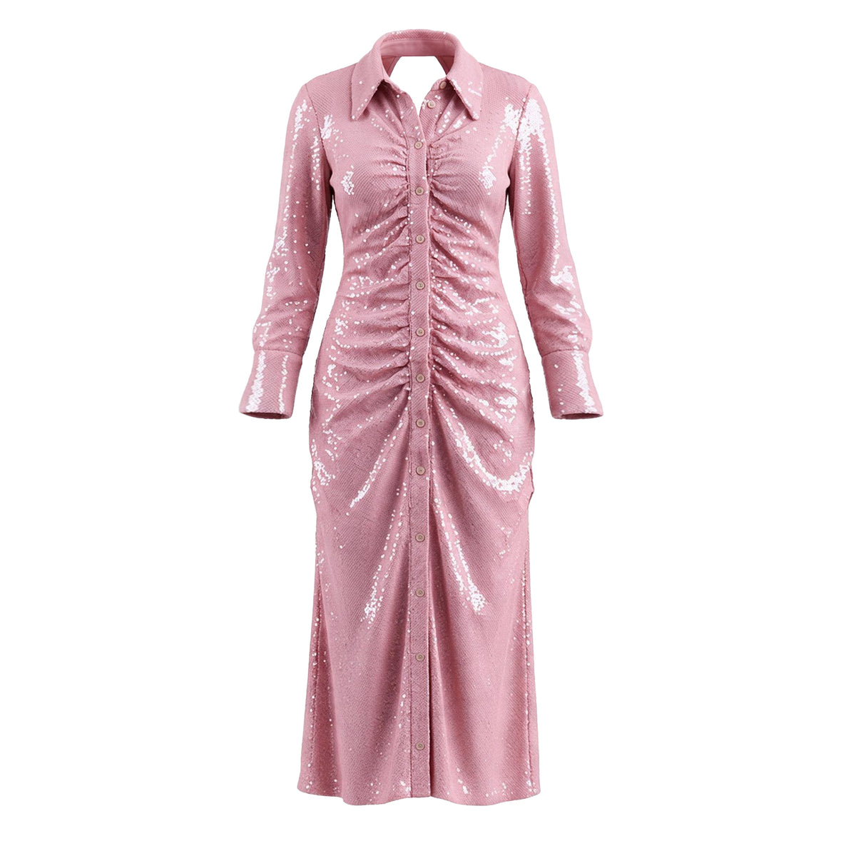 GANNI PINK SEQUIN BUTTON-UP MIDI DRESS - SIZE 36 (US 4)