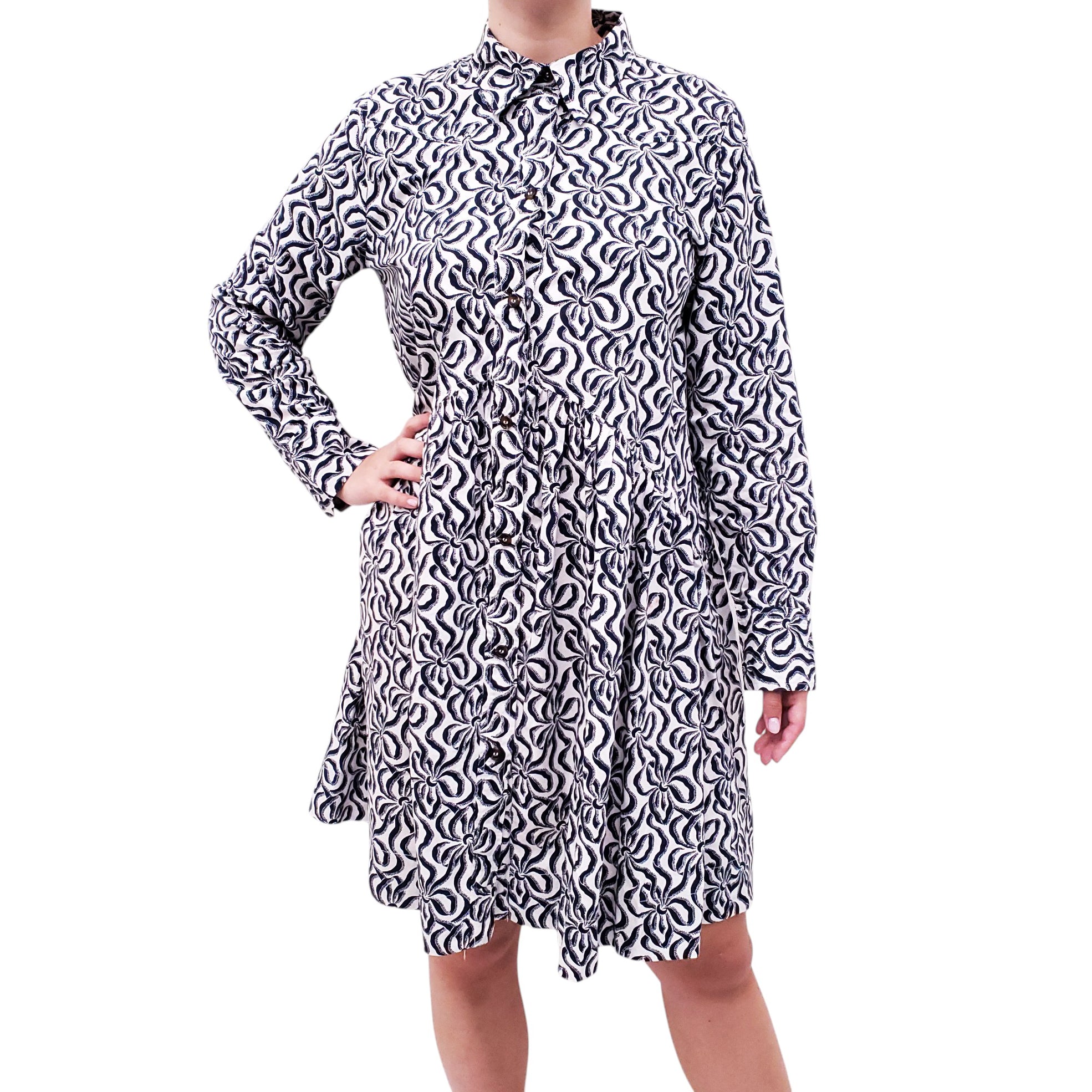 GANNI WHITE AND BLUE PATTERNED BUTTON UP DRESS - SIZE L