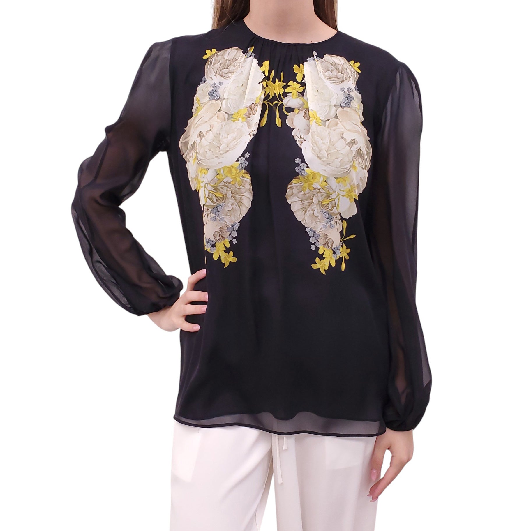 GIAMBATTISTA VALLI BLACK FLORAL SILK BLOUSE - SIZE 44