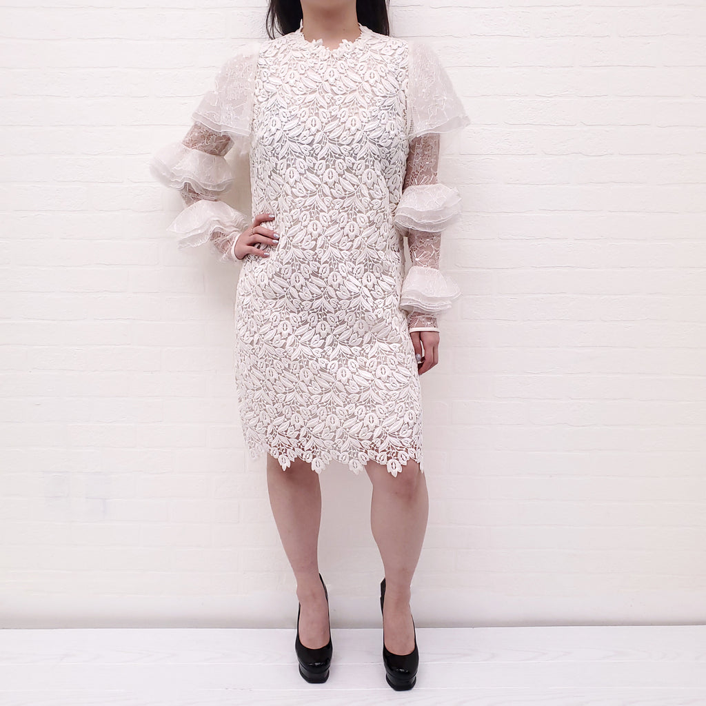 GIAMBATTISTA VALLI WHITE LONG SLEEVE LACE DRESS WITH RUFFLE DETAIL - SIZE 46
