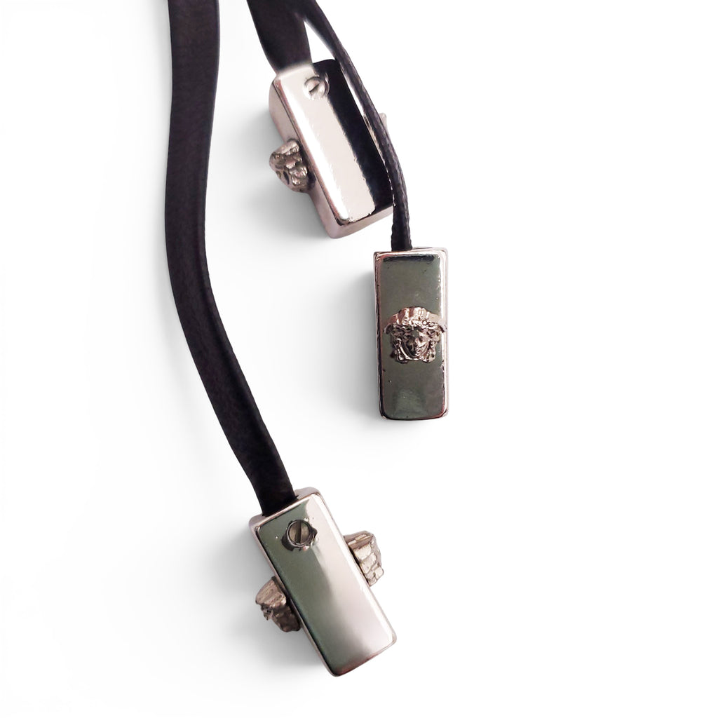 GIANNI VERSACE BLACK LEATHER BELT WITH FRINGE TIE DETAIL- SIZE 65