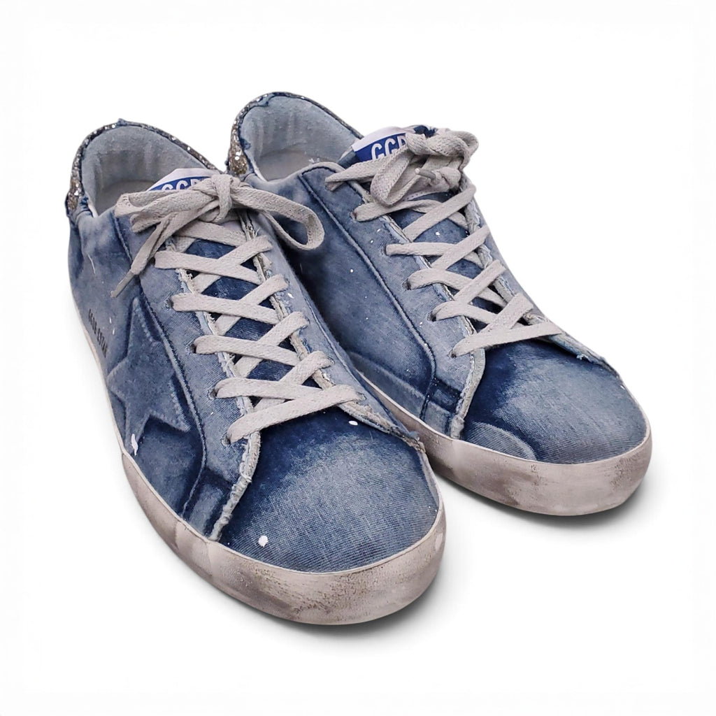 GOLDEN GOOSE SUPERSTAR DENIM SNEAKERS WITH GLITTER DETAIL - SIZE 41